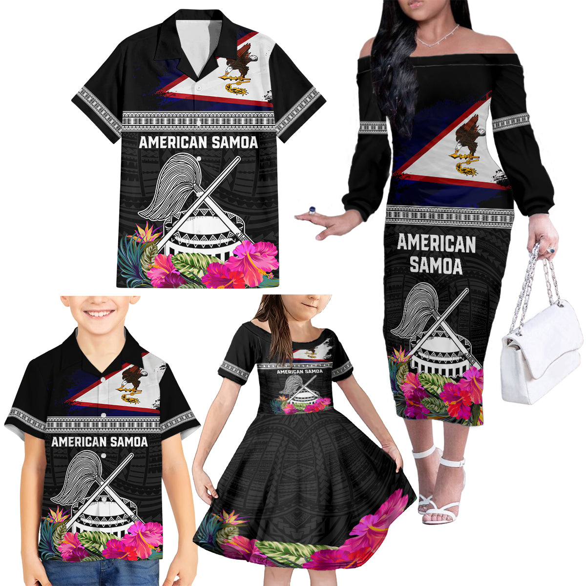 Personalized American Samoa Flag Day Family Matching Off The Shoulder Long Sleeve Dress and Hawaiian Shirt Tanoa and Fue mix Hibiscus Flower Polynesian Pattern LT03 - Polynesian Pride