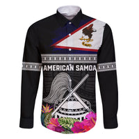 Personalized American Samoa Flag Day Family Matching Off The Shoulder Long Sleeve Dress and Hawaiian Shirt Tanoa and Fue mix Hibiscus Flower Polynesian Pattern LT03 Dad's Shirt - Long Sleeve Black - Polynesian Pride