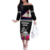 Personalized American Samoa Flag Day Family Matching Off The Shoulder Long Sleeve Dress and Hawaiian Shirt Tanoa and Fue mix Hibiscus Flower Polynesian Pattern LT03 Mom's Dress Black - Polynesian Pride
