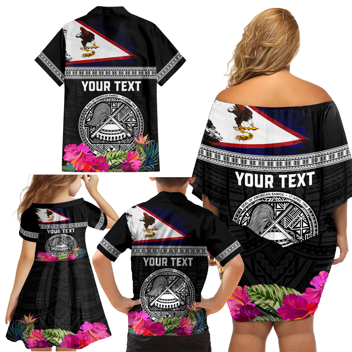 Personalized American Samoa Flag Day Family Matching Off Shoulder Short Dress and Hawaiian Shirt Tanoa and Fue mix Hibiscus Flower Polynesian Pattern LT03 - Polynesian Pride