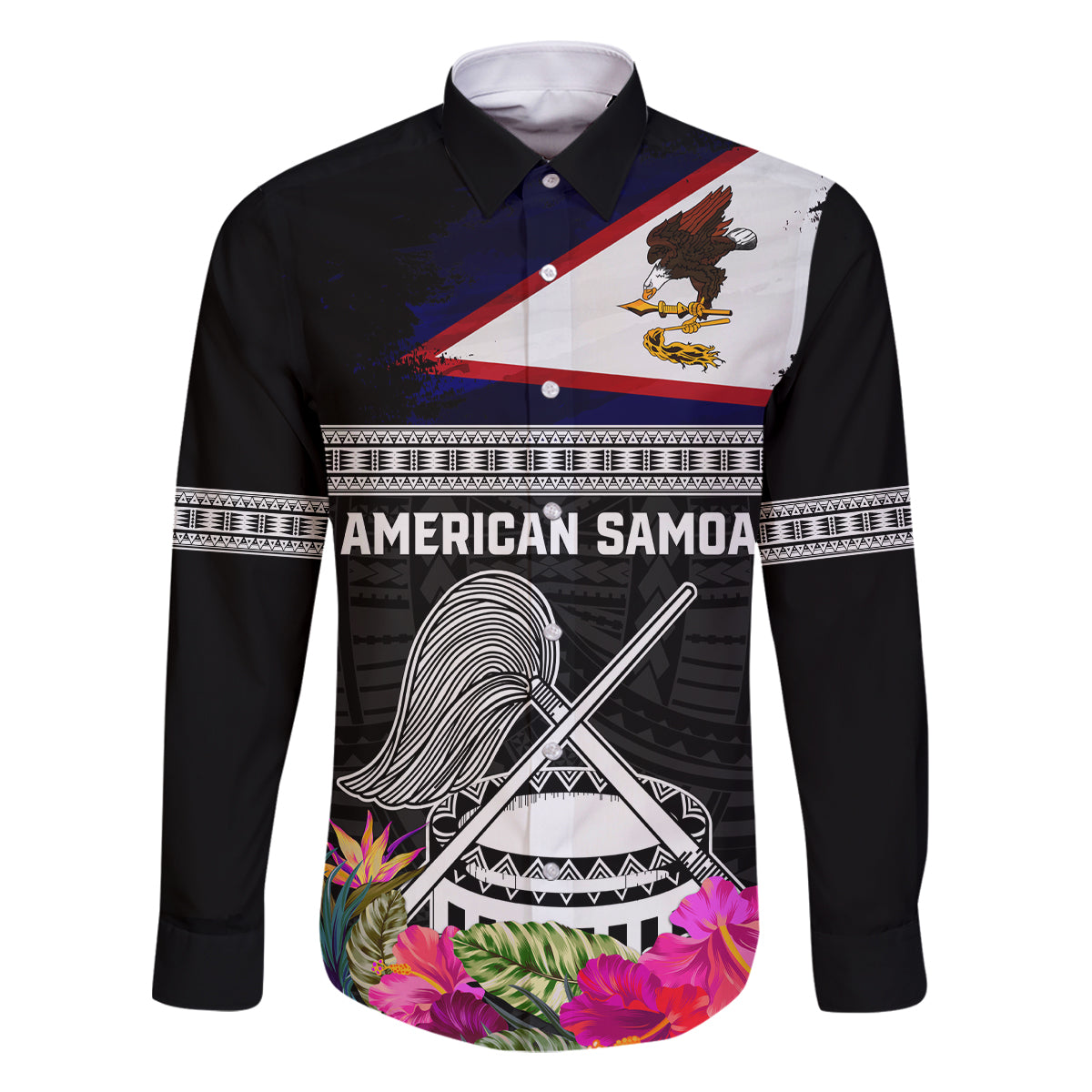 Personalized American Samoa Flag Day Family Matching Off Shoulder Short Dress and Hawaiian Shirt Tanoa and Fue mix Hibiscus Flower Polynesian Pattern LT03 Dad's Shirt - Long Sleeve Black - Polynesian Pride