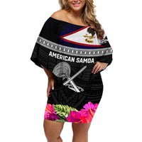 Personalized American Samoa Flag Day Family Matching Off Shoulder Short Dress and Hawaiian Shirt Tanoa and Fue mix Hibiscus Flower Polynesian Pattern LT03 Mom's Dress Black - Polynesian Pride