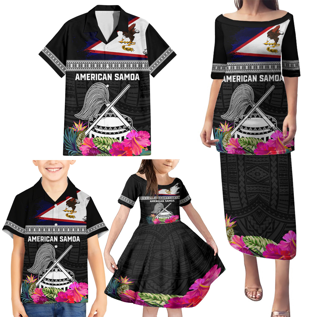 Personalized American Samoa Flag Day Family Matching Puletasi and Hawaiian Shirt Tanoa and Fue mix Hibiscus Flower Polynesian Pattern LT03 - Polynesian Pride