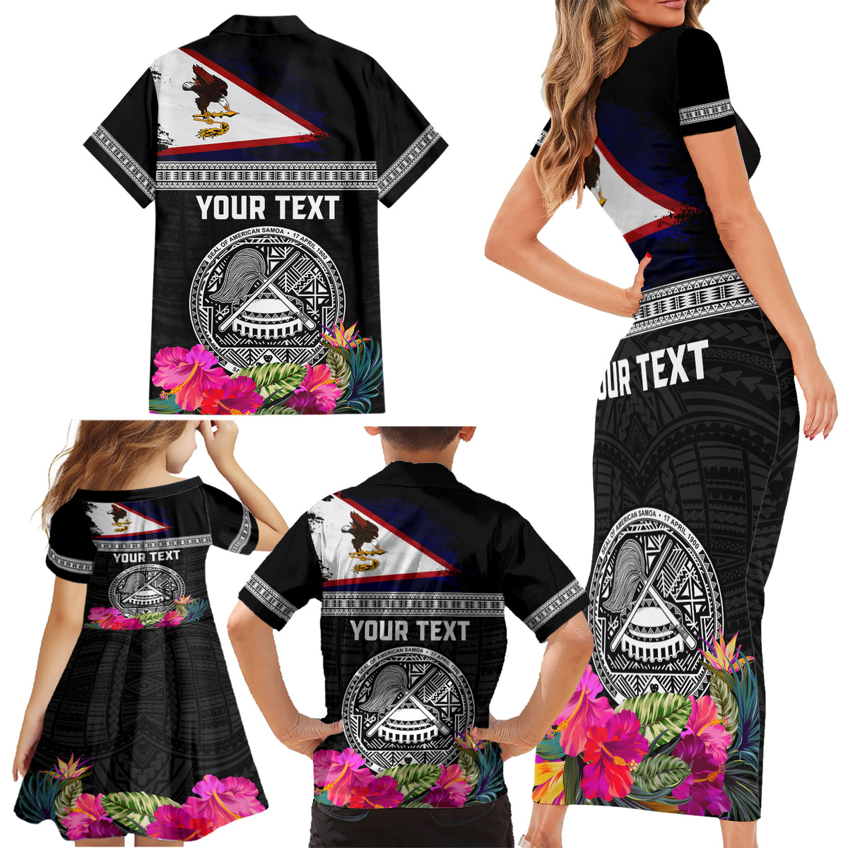 Personalized American Samoa Flag Day Family Matching Short Sleeve Bodycon Dress and Hawaiian Shirt Tanoa and Fue mix Hibiscus Flower Polynesian Pattern LT03 - Polynesian Pride