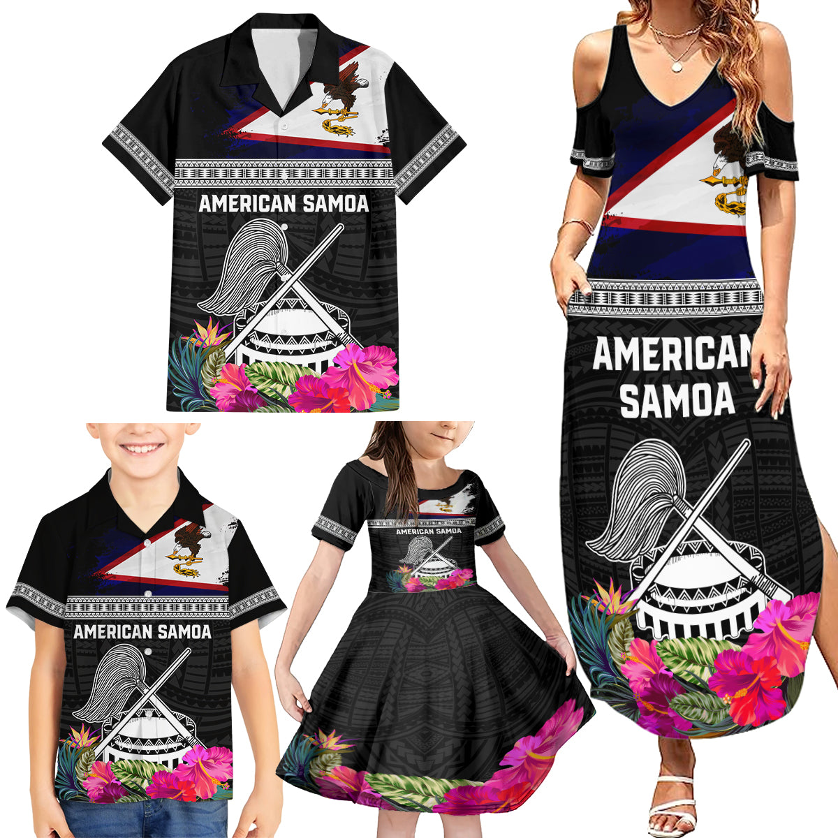 Personalized American Samoa Flag Day Family Matching Summer Maxi Dress and Hawaiian Shirt Tanoa and Fue mix Hibiscus Flower Polynesian Pattern LT03 - Polynesian Pride