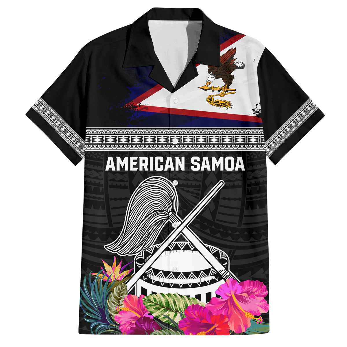 Personalized American Samoa Flag Day Family Matching Summer Maxi Dress and Hawaiian Shirt Tanoa and Fue mix Hibiscus Flower Polynesian Pattern LT03 Dad's Shirt - Short Sleeve Black - Polynesian Pride