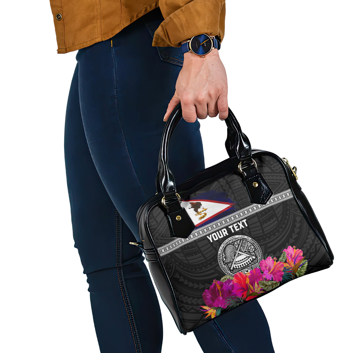 Personalized American Samoa Flag Day Shoulder Handbag Tanoa and Fue mix Hibiscus Flower Polynesian Pattern