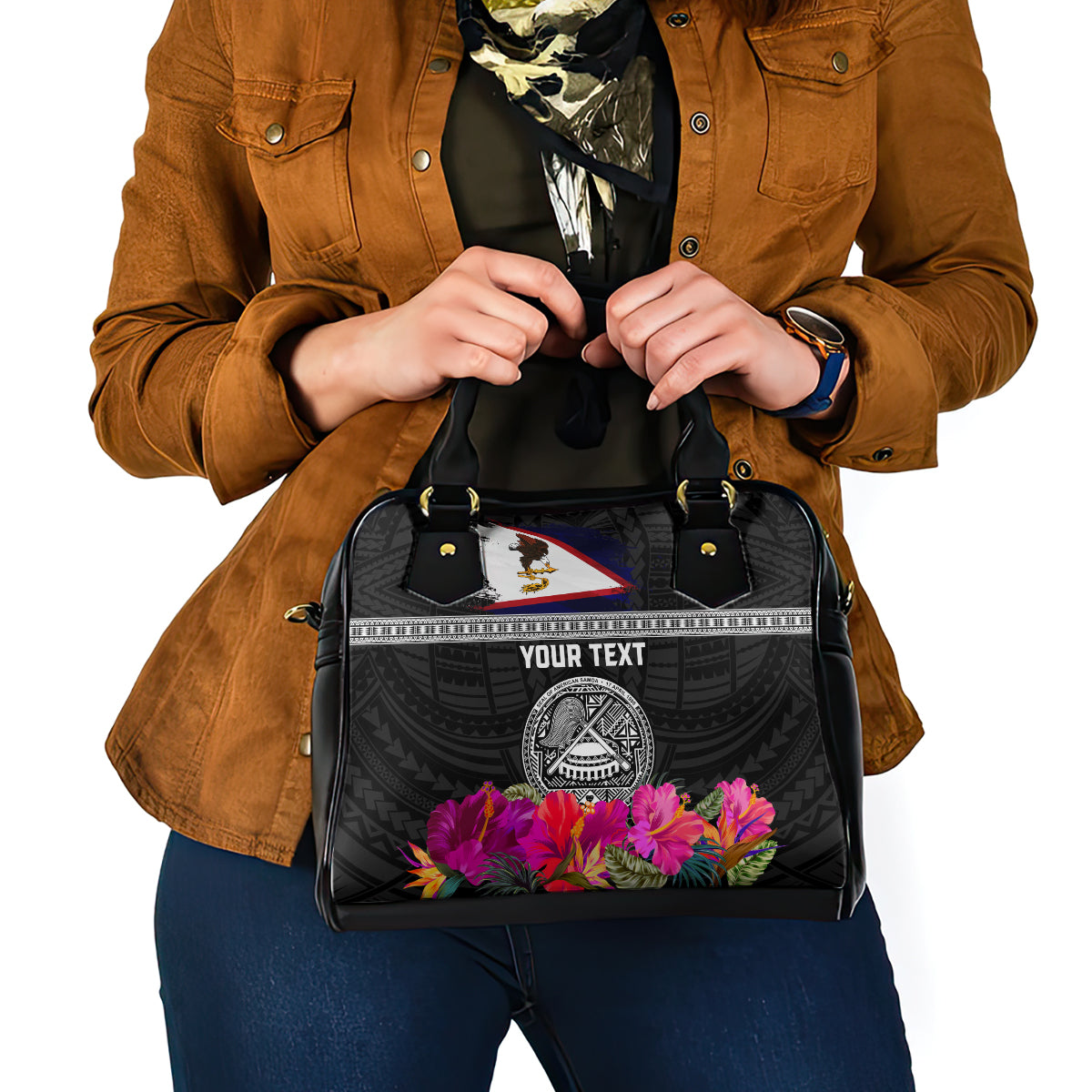 Personalized American Samoa Flag Day Shoulder Handbag Tanoa and Fue mix Hibiscus Flower Polynesian Pattern