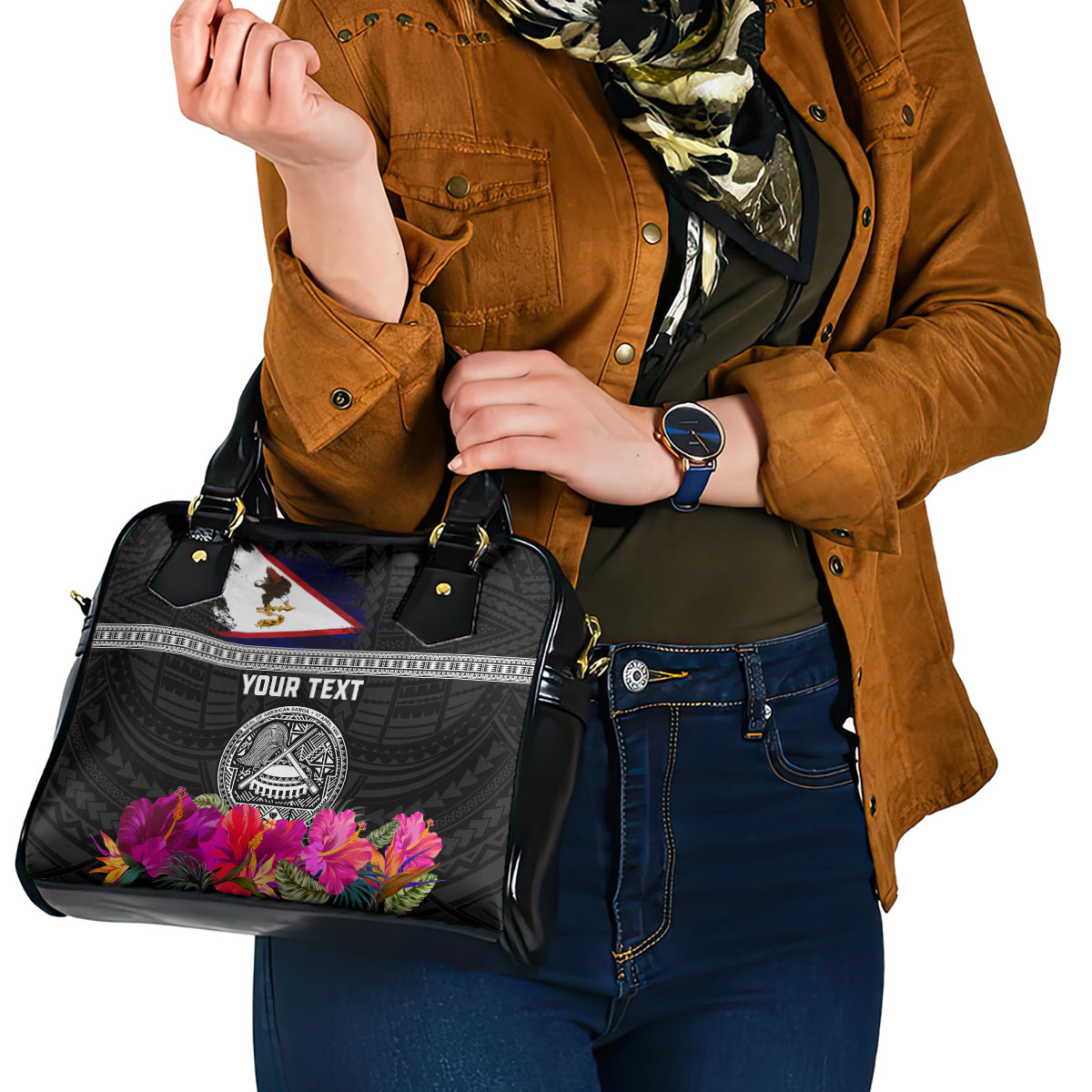 Personalized American Samoa Flag Day Shoulder Handbag Tanoa and Fue mix Hibiscus Flower Polynesian Pattern
