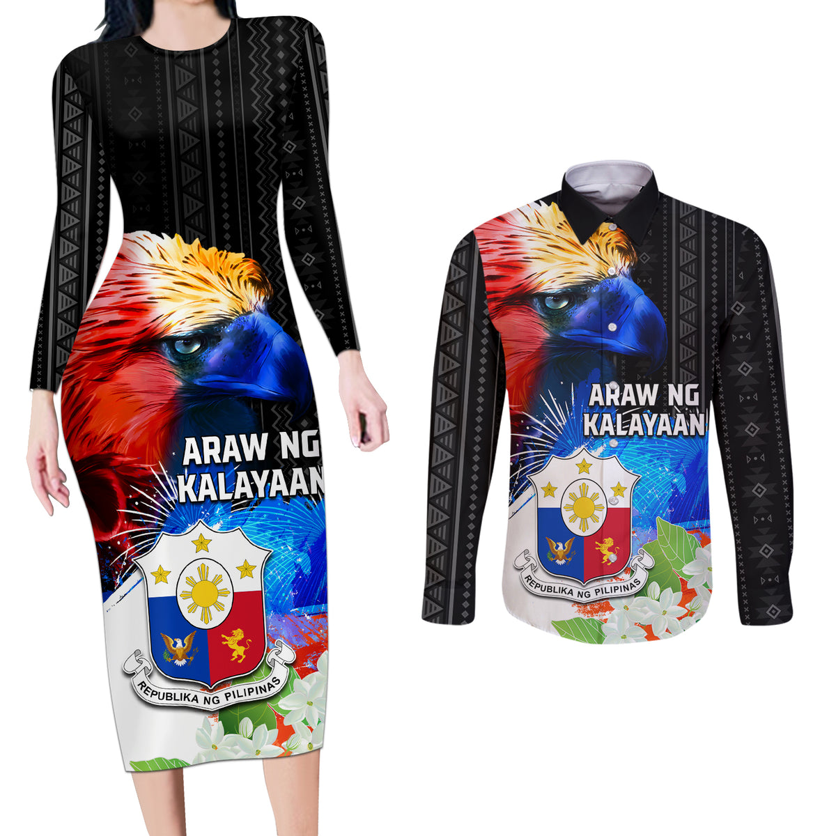 Philippines Independence Day Couples Matching Long Sleeve Bodycon Dress and Long Sleeve Button Shirt Philippines Eagle and Sampaguita Jasmine Yakan Tribal LT03 Black - Polynesian Pride