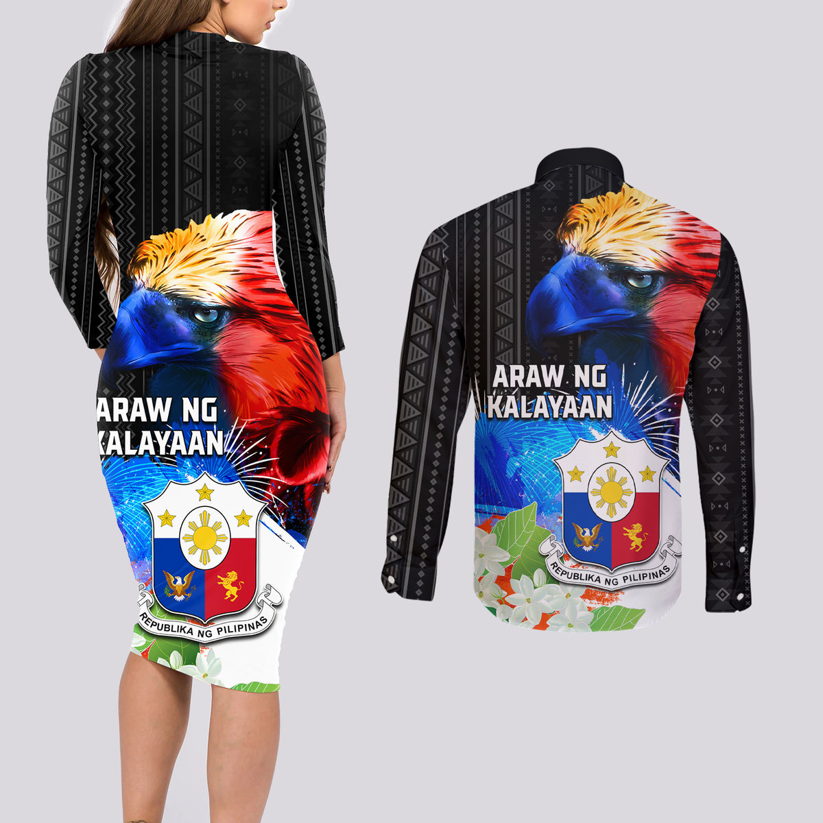 Philippines Independence Day Couples Matching Long Sleeve Bodycon Dress and Long Sleeve Button Shirt Philippines Eagle and Sampaguita Jasmine Yakan Tribal LT03 - Polynesian Pride