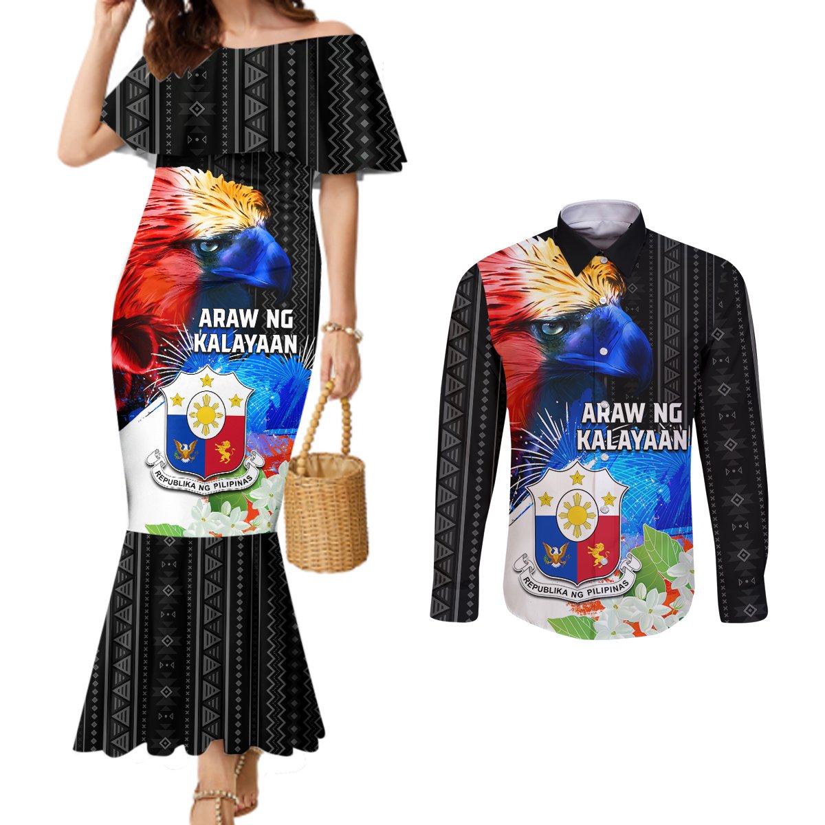 Philippines Independence Day Couples Matching Mermaid Dress and Long Sleeve Button Shirt Philippines Eagle and Sampaguita Jasmine Yakan Tribal LT03 Black - Polynesian Pride