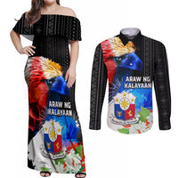 Philippines Independence Day Couples Matching Off Shoulder Maxi Dress and Long Sleeve Button Shirt Philippines Eagle and Sampaguita Jasmine Yakan Tribal LT03 Black - Polynesian Pride