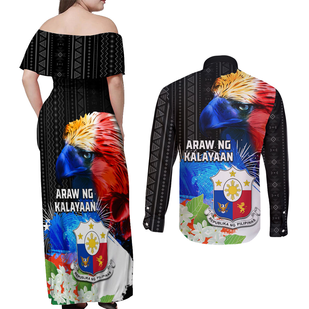 Philippines Independence Day Couples Matching Off Shoulder Maxi Dress and Long Sleeve Button Shirt Philippines Eagle and Sampaguita Jasmine Yakan Tribal LT03 - Polynesian Pride