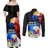 Philippines Independence Day Couples Matching Off Shoulder Maxi Dress and Long Sleeve Button Shirt Philippines Eagle and Sampaguita Jasmine Yakan Tribal LT03 - Polynesian Pride