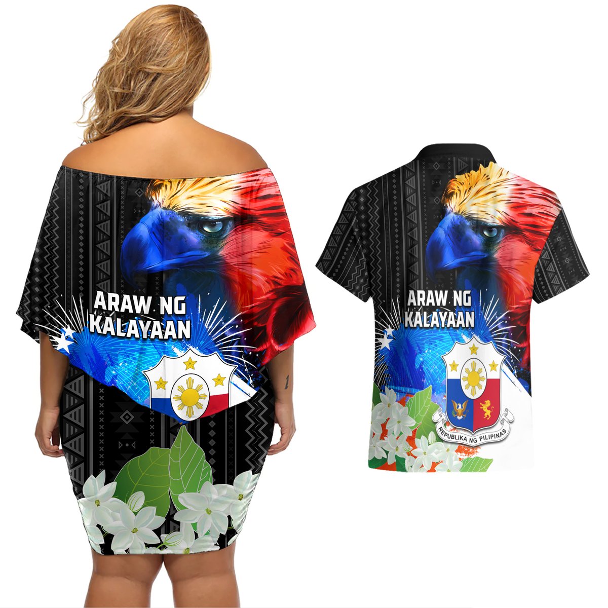 Philippines Independence Day Couples Matching Off Shoulder Short Dress and Hawaiian Shirt Philippines Eagle and Sampaguita Jasmine Yakan Tribal LT03 - Polynesian Pride