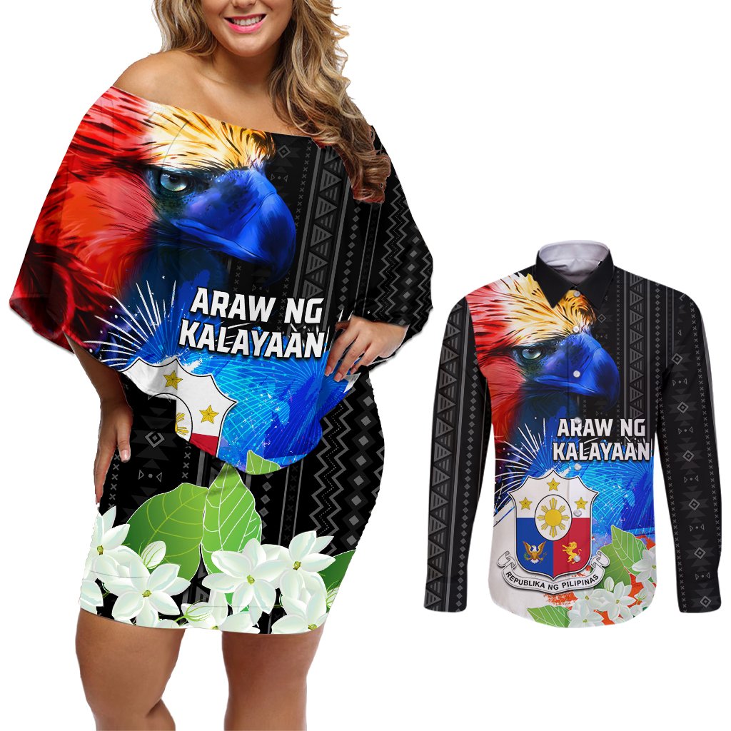 Philippines Independence Day Couples Matching Off Shoulder Short Dress and Long Sleeve Button Shirt Philippines Eagle and Sampaguita Jasmine Yakan Tribal LT03 Black - Polynesian Pride