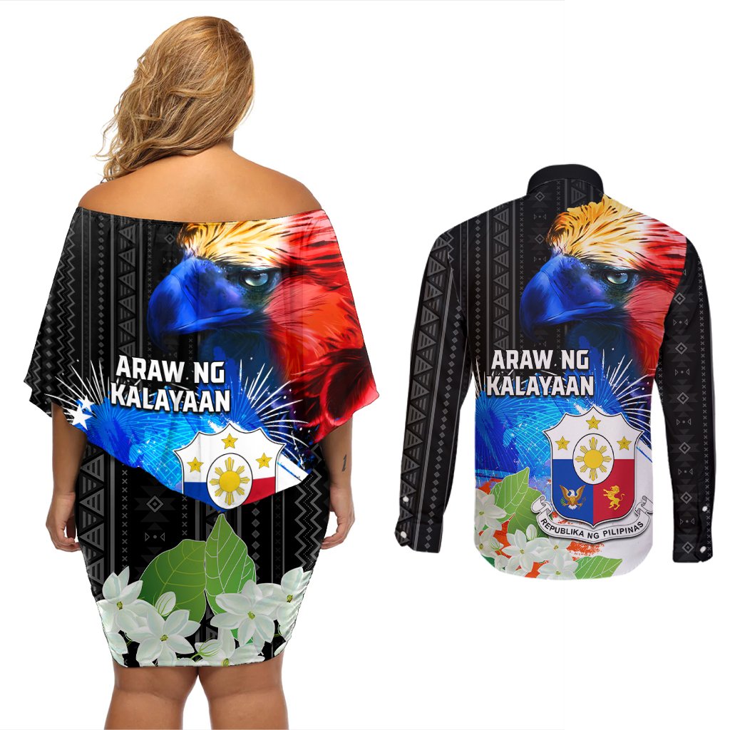 Philippines Independence Day Couples Matching Off Shoulder Short Dress and Long Sleeve Button Shirt Philippines Eagle and Sampaguita Jasmine Yakan Tribal LT03 - Polynesian Pride
