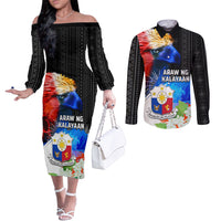 Philippines Independence Day Couples Matching Off The Shoulder Long Sleeve Dress and Long Sleeve Button Shirt Philippines Eagle and Sampaguita Jasmine Yakan Tribal LT03 Black - Polynesian Pride