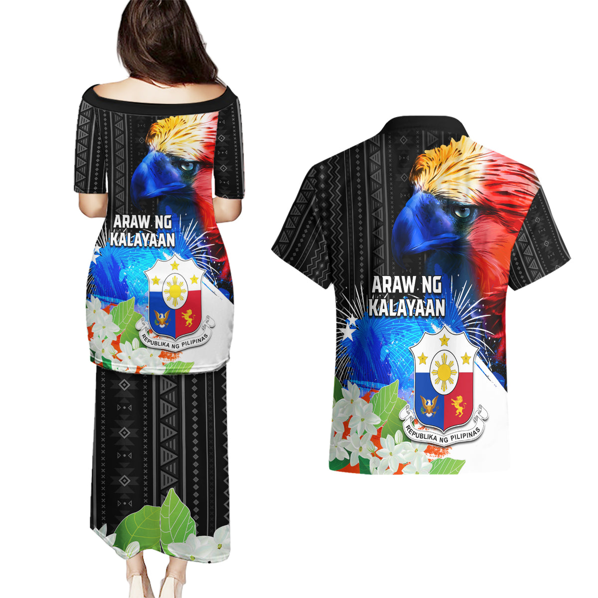 Philippines Independence Day Couples Matching Puletasi and Hawaiian Shirt Philippines Eagle and Sampaguita Jasmine Yakan Tribal LT03 - Polynesian Pride