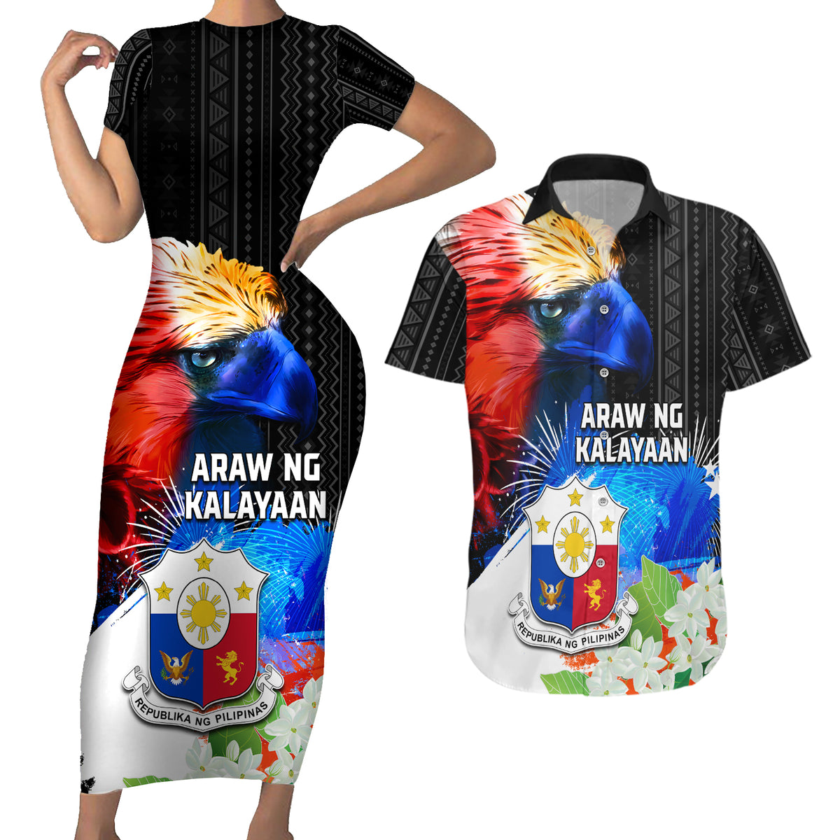 Philippines Independence Day Couples Matching Short Sleeve Bodycon Dress and Hawaiian Shirt Philippines Eagle and Sampaguita Jasmine Yakan Tribal LT03 Black - Polynesian Pride