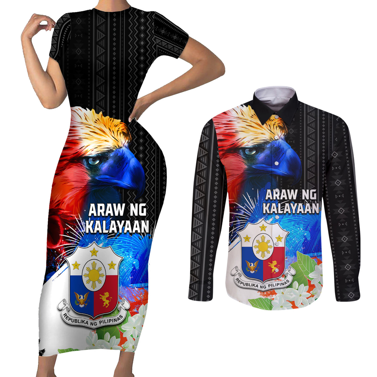 Philippines Independence Day Couples Matching Short Sleeve Bodycon Dress and Long Sleeve Button Shirt Philippines Eagle and Sampaguita Jasmine Yakan Tribal LT03 Black - Polynesian Pride