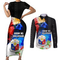 Philippines Independence Day Couples Matching Short Sleeve Bodycon Dress and Long Sleeve Button Shirt Philippines Eagle and Sampaguita Jasmine Yakan Tribal LT03 Black - Polynesian Pride