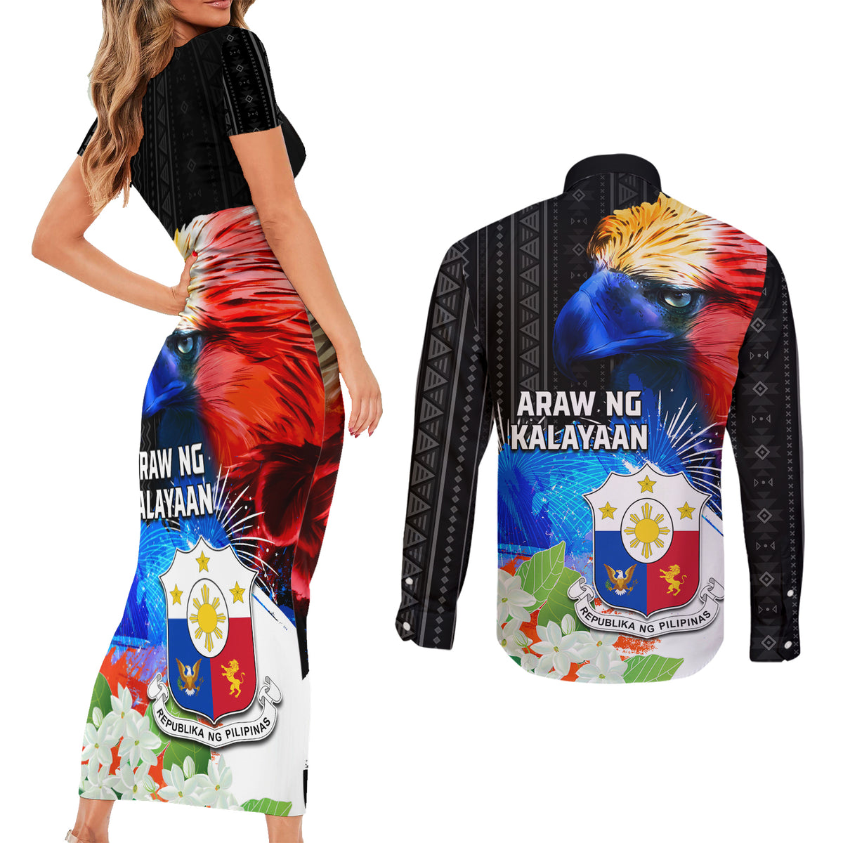 Philippines Independence Day Couples Matching Short Sleeve Bodycon Dress and Long Sleeve Button Shirt Philippines Eagle and Sampaguita Jasmine Yakan Tribal LT03 - Polynesian Pride