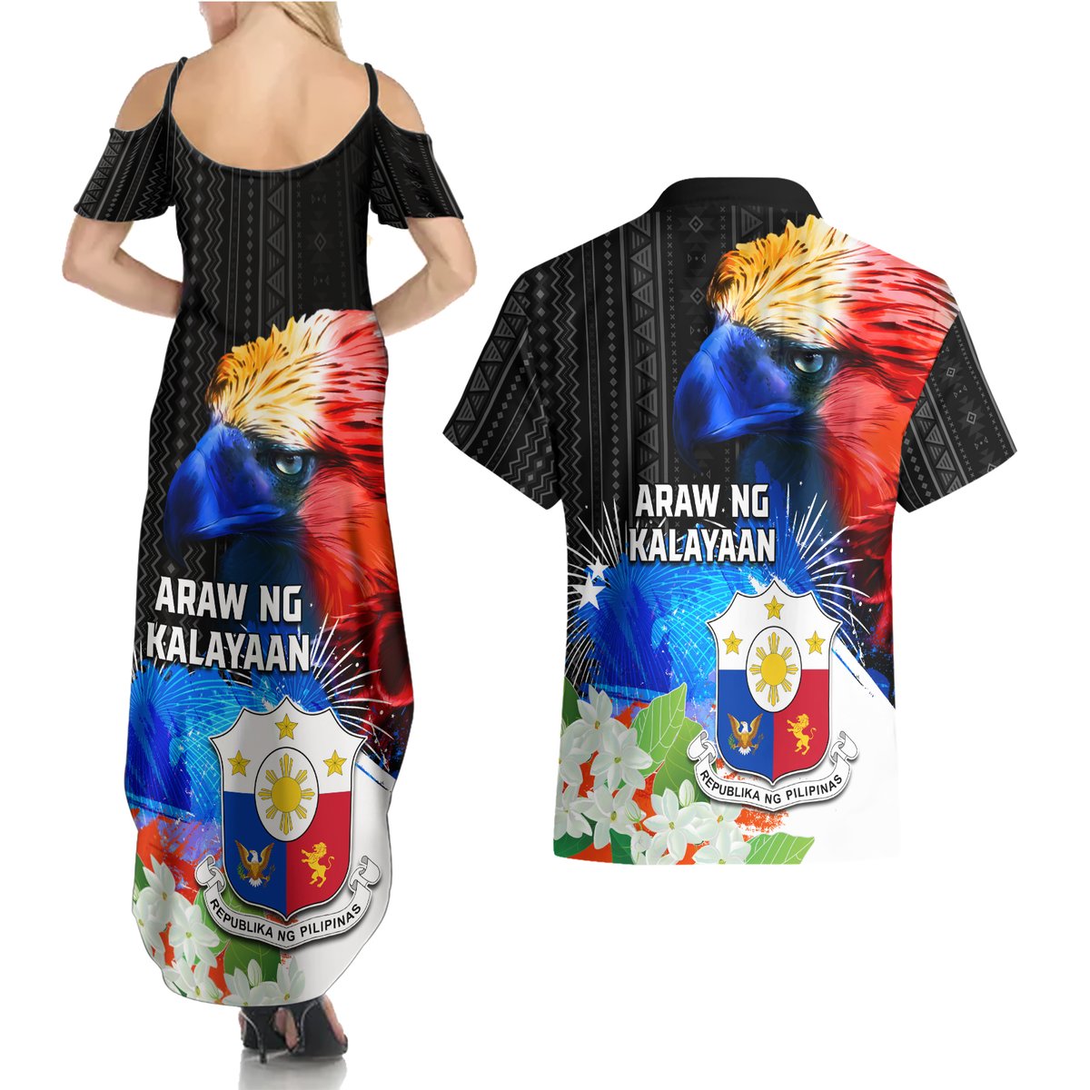 Philippines Independence Day Couples Matching Summer Maxi Dress and Hawaiian Shirt Philippines Eagle and Sampaguita Jasmine Yakan Tribal LT03 - Polynesian Pride
