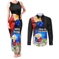 Philippines Independence Day Couples Matching Tank Maxi Dress and Long Sleeve Button Shirt Philippines Eagle and Sampaguita Jasmine Yakan Tribal LT03 Black - Polynesian Pride