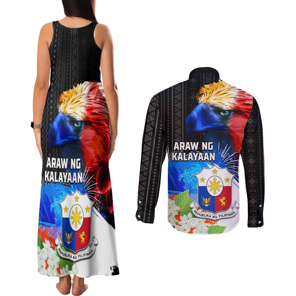Philippines Independence Day Couples Matching Tank Maxi Dress and Long Sleeve Button Shirt Philippines Eagle and Sampaguita Jasmine Yakan Tribal LT03 - Polynesian Pride