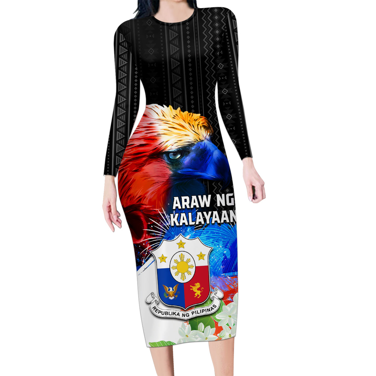 Philippines Independence Day Family Matching Long Sleeve Bodycon Dress and Hawaiian Shirt Philippines Eagle and Sampaguita Jasmine Yakan Tribal LT03 Mom's Dress Black - Polynesian Pride