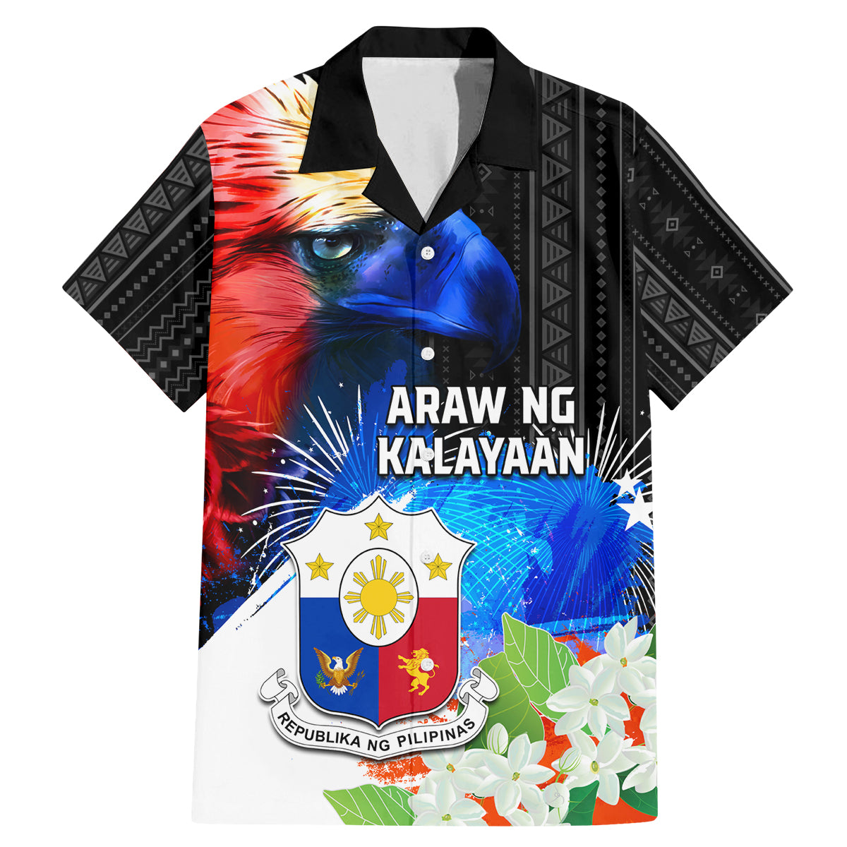 Philippines Independence Day Family Matching Mermaid Dress and Hawaiian Shirt Philippines Eagle and Sampaguita Jasmine Yakan Tribal LT03 Dad's Shirt - Short Sleeve Black - Polynesian Pride