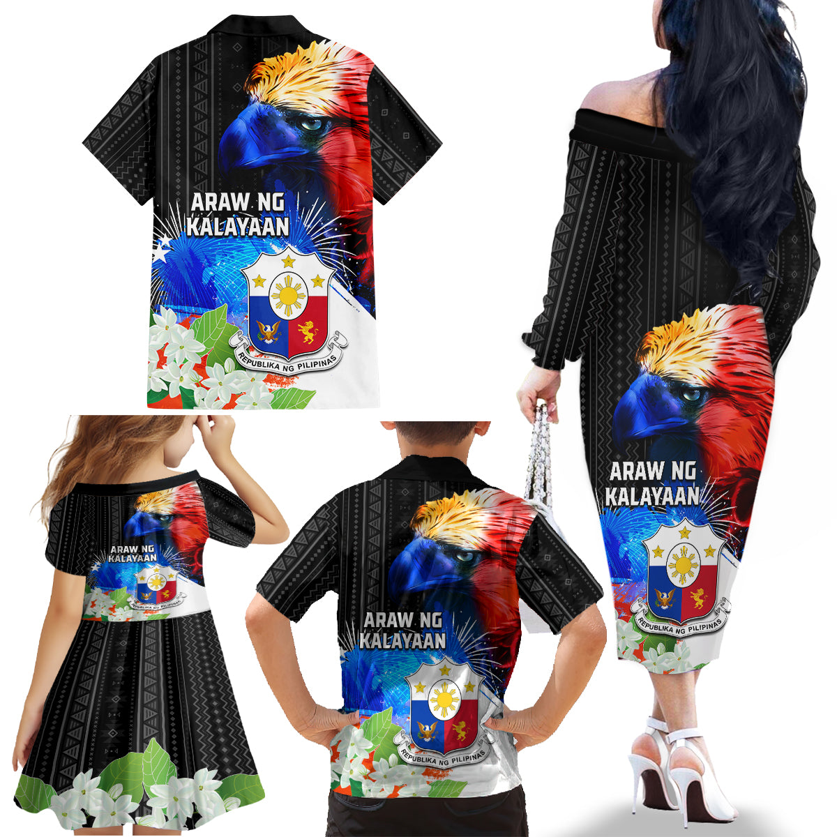 Philippines Independence Day Family Matching Off The Shoulder Long Sleeve Dress and Hawaiian Shirt Philippines Eagle and Sampaguita Jasmine Yakan Tribal LT03 - Polynesian Pride
