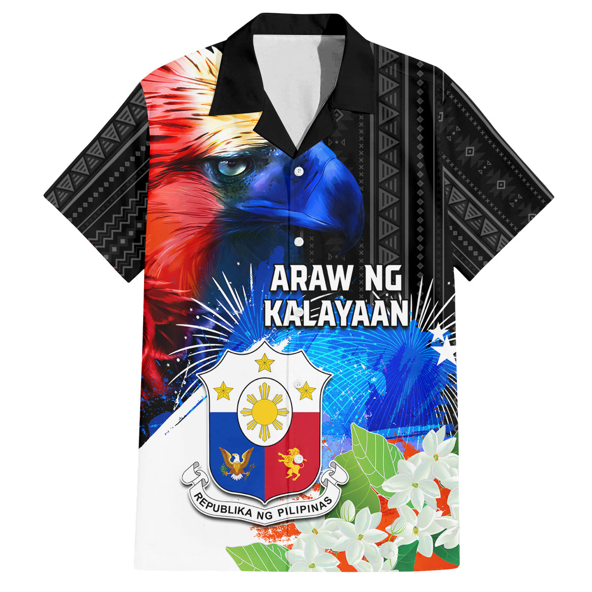 Philippines Independence Day Family Matching Off The Shoulder Long Sleeve Dress and Hawaiian Shirt Philippines Eagle and Sampaguita Jasmine Yakan Tribal LT03 Dad's Shirt - Short Sleeve Black - Polynesian Pride