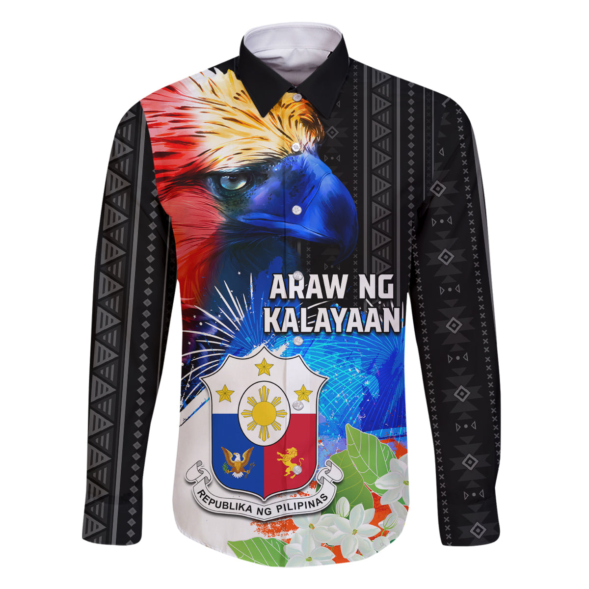 Philippines Independence Day Family Matching Off The Shoulder Long Sleeve Dress and Hawaiian Shirt Philippines Eagle and Sampaguita Jasmine Yakan Tribal LT03 Dad's Shirt - Long Sleeve Black - Polynesian Pride