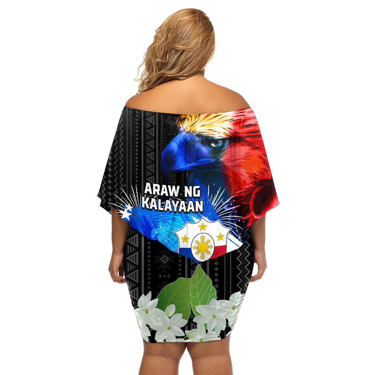Philippines Independence Day Family Matching Off Shoulder Short Dress and Hawaiian Shirt Philippines Eagle and Sampaguita Jasmine Yakan Tribal LT03 - Polynesian Pride