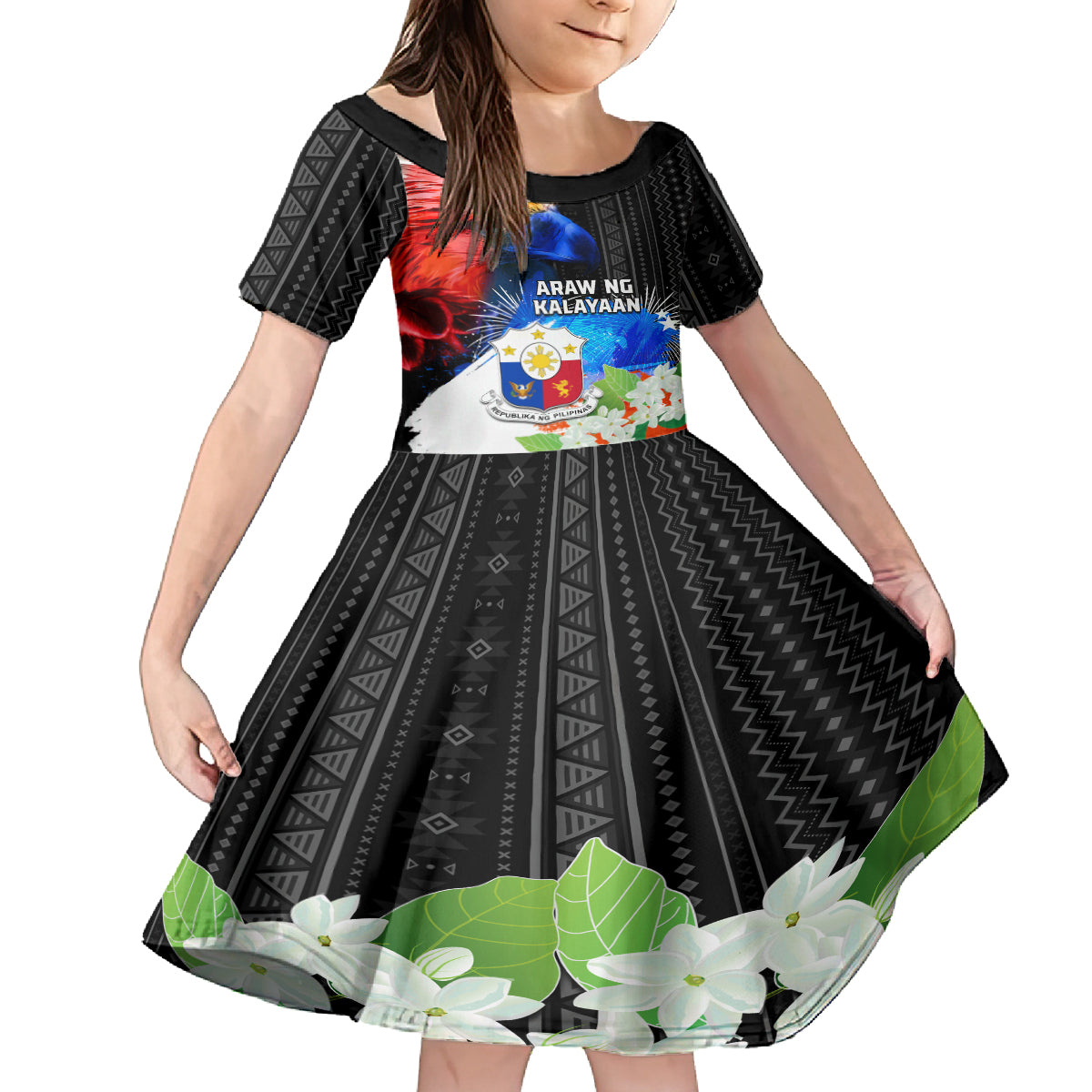 Philippines Independence Day Family Matching Puletasi and Hawaiian Shirt Philippines Eagle and Sampaguita Jasmine Yakan Tribal LT03 Daughter's Dress Black - Polynesian Pride