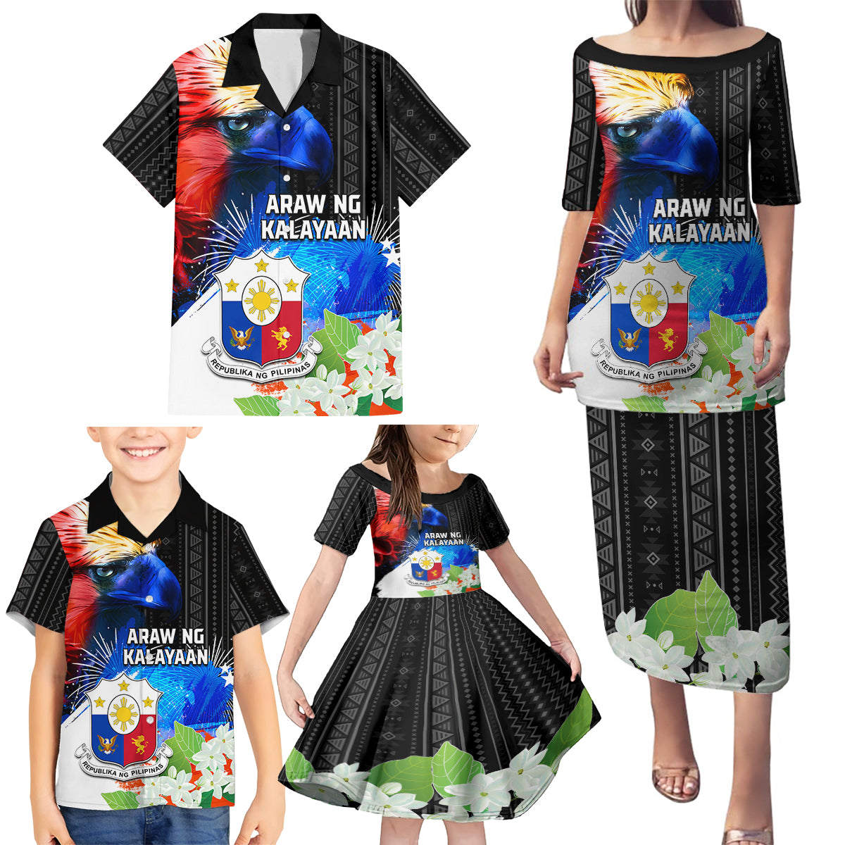 Philippines Independence Day Family Matching Puletasi and Hawaiian Shirt Philippines Eagle and Sampaguita Jasmine Yakan Tribal LT03 - Polynesian Pride