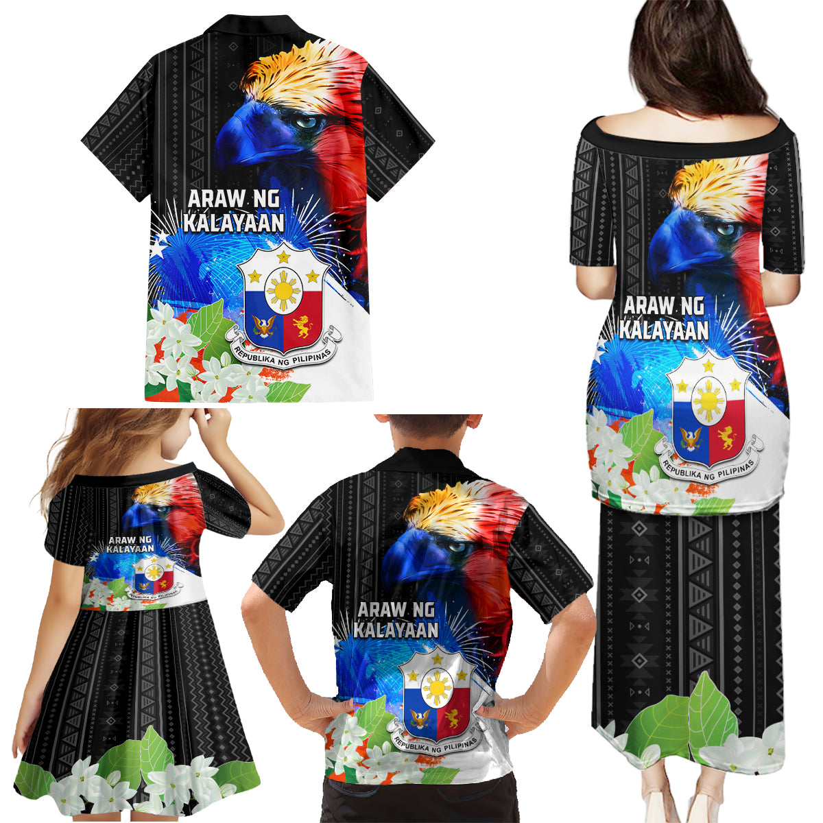 Philippines Independence Day Family Matching Puletasi and Hawaiian Shirt Philippines Eagle and Sampaguita Jasmine Yakan Tribal LT03 - Polynesian Pride