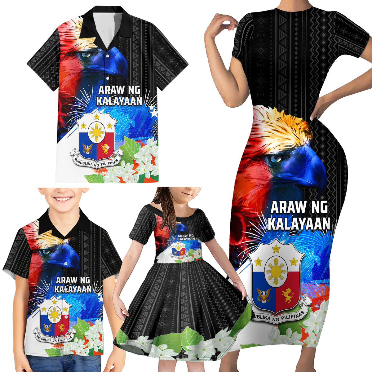 Philippines Independence Day Family Matching Short Sleeve Bodycon Dress and Hawaiian Shirt Philippines Eagle and Sampaguita Jasmine Yakan Tribal LT03 - Polynesian Pride