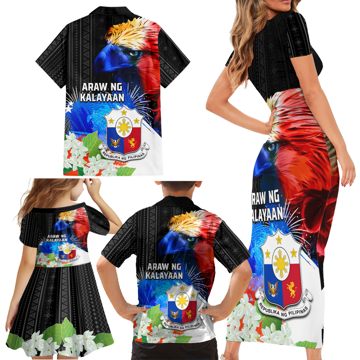 Philippines Independence Day Family Matching Short Sleeve Bodycon Dress and Hawaiian Shirt Philippines Eagle and Sampaguita Jasmine Yakan Tribal LT03 - Polynesian Pride
