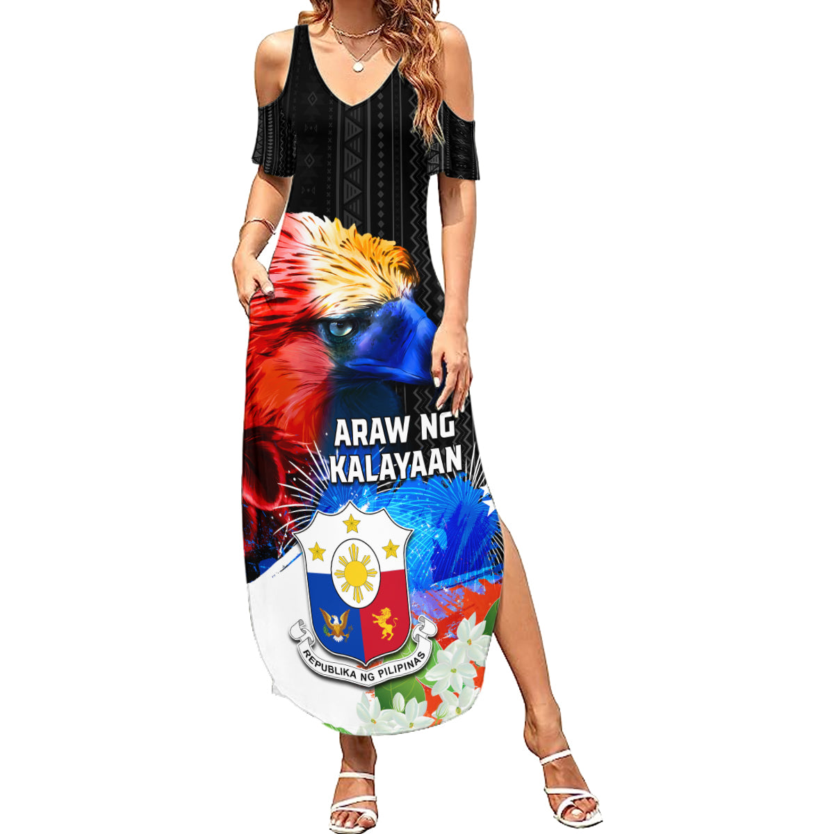 Philippines Independence Day Family Matching Summer Maxi Dress and Hawaiian Shirt Philippines Eagle and Sampaguita Jasmine Yakan Tribal LT03 Mom's Dress Black - Polynesian Pride