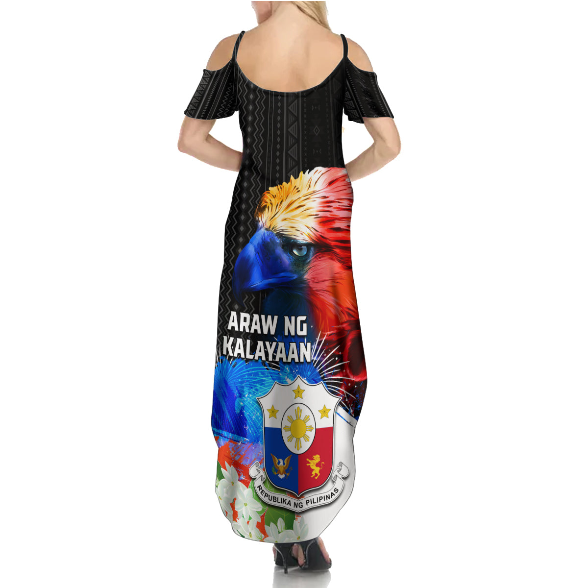 Philippines Independence Day Family Matching Summer Maxi Dress and Hawaiian Shirt Philippines Eagle and Sampaguita Jasmine Yakan Tribal LT03 - Polynesian Pride