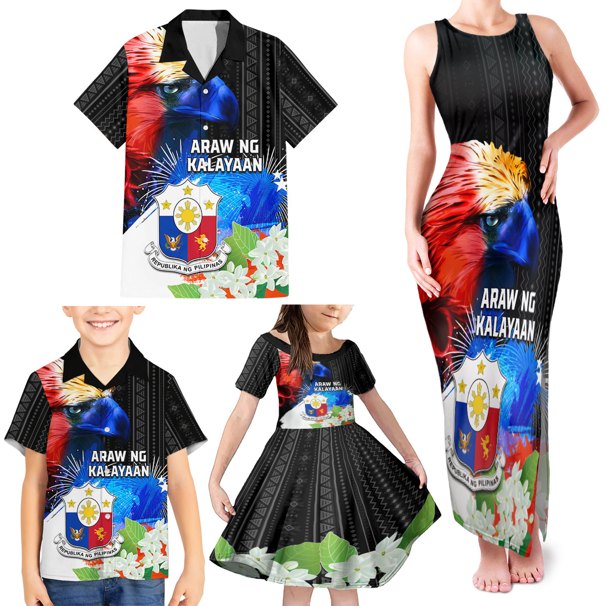 Philippines Independence Day Family Matching Tank Maxi Dress and Hawaiian Shirt Philippines Eagle and Sampaguita Jasmine Yakan Tribal LT03 - Polynesian Pride