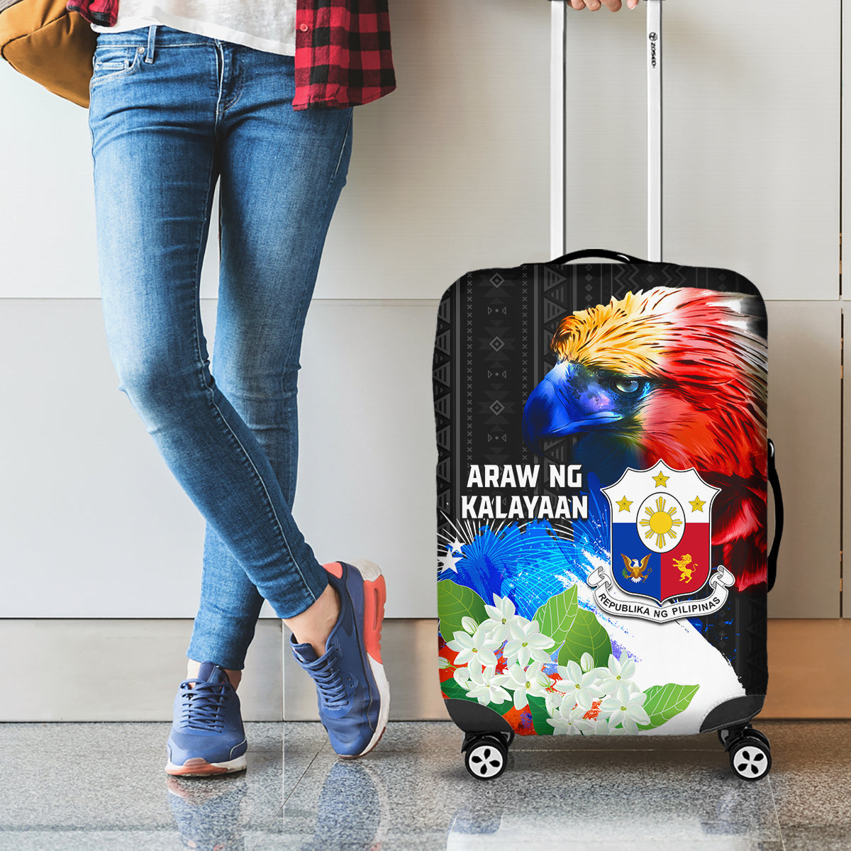 Philippines Independence Day Luggage Cover Philippines Eagle and Sampaguita Jasmine Yakan Tribal