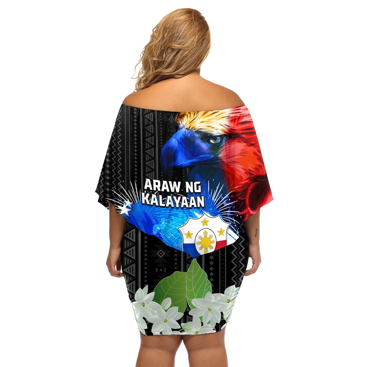Philippines Independence Day Off Shoulder Short Dress Philippines Eagle and Sampaguita Jasmine Yakan Tribal LT03 - Polynesian Pride