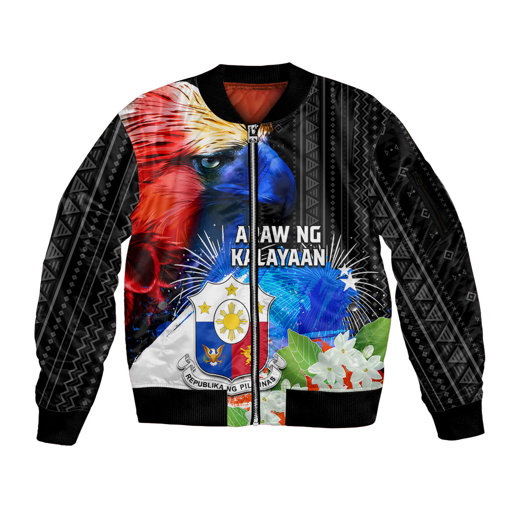 Philippines Independence Day Sleeve Zip Bomber Jacket Philippines Eagle and Sampaguita Jasmine Yakan Tribal