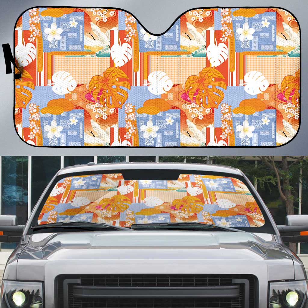Hawaiian and Japanese Culture Together Auto Sun Shade Palaka Japanese Art and Tropical Motif Tribal Patchwork