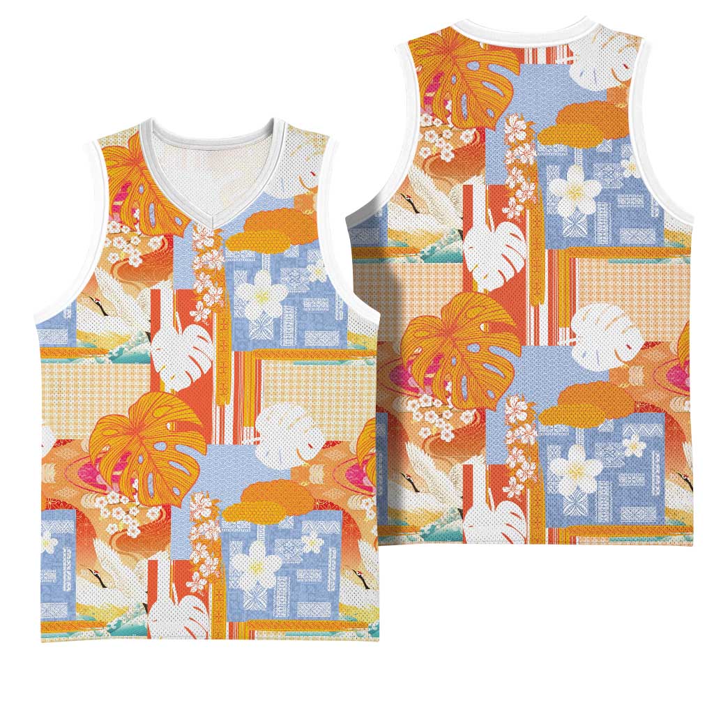 Hawaiian and Japanese Culture Together Basketball Jersey Palaka Japanese Art and Tropical Motif Tribal Patchwork LT03 - Polynesian Pride